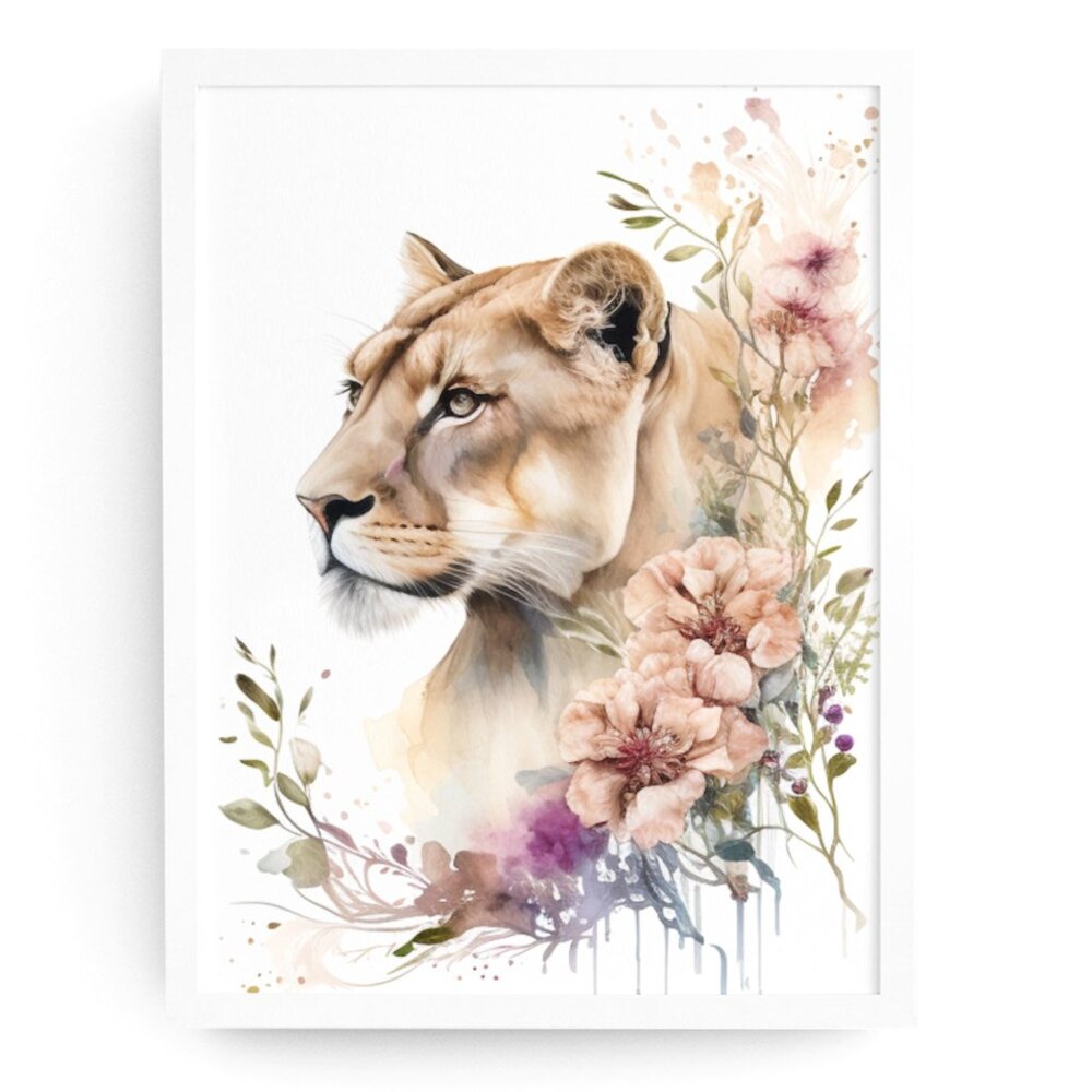 Cute Floral Lioness Watercolor Wall Art Illustration Print Poster Card Unframed - Picture 1 of 5